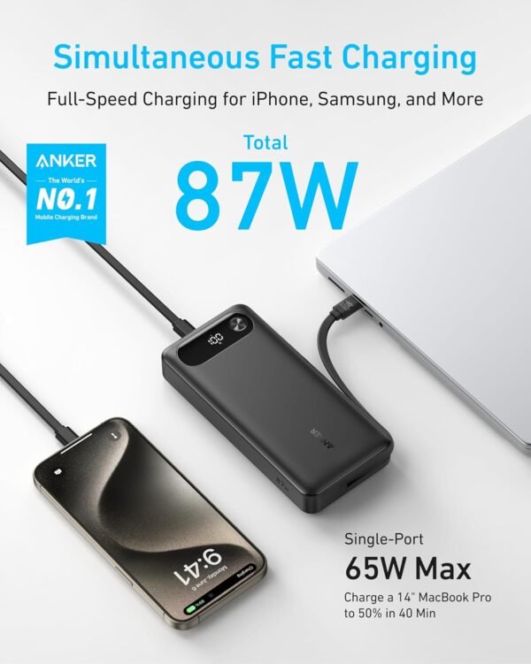 Anker Power Bank 20,000mAH 87W Built-In USB-C Cable - Black | A1383H11 - Image 2