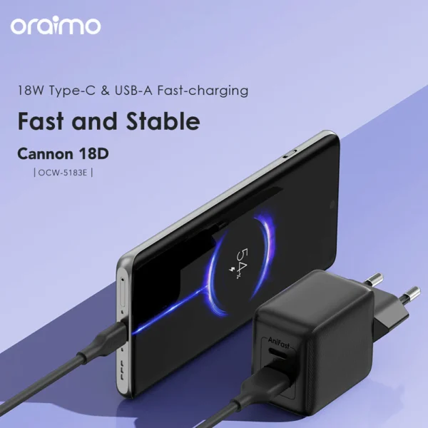 Oraimo Cannon Wall Charger PD 18W Fast Charging OCW-5183E+C53 - Black - Image 3