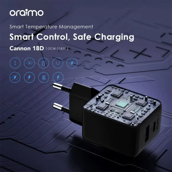 Oraimo Cannon Wall Charger PD 18W Fast Charging OCW-5183E+C53 - Black - Image 5